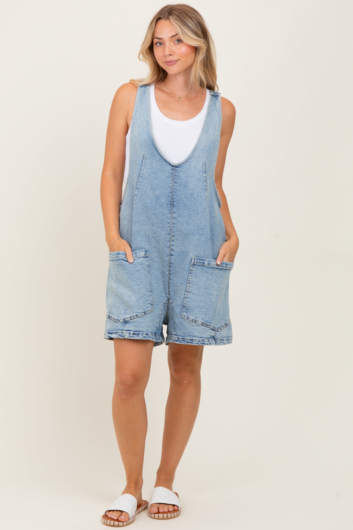 Light Blue Denim Scoop Neck Maternity Short Overall  PinkBlush