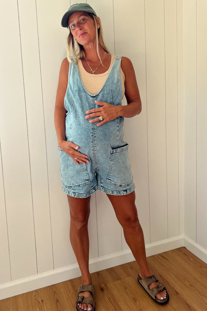 Light Blue Denim Scoop Neck Maternity Short Overall