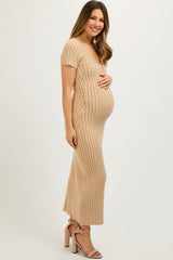 Beige Cable Knit Maternity Sweater Dress