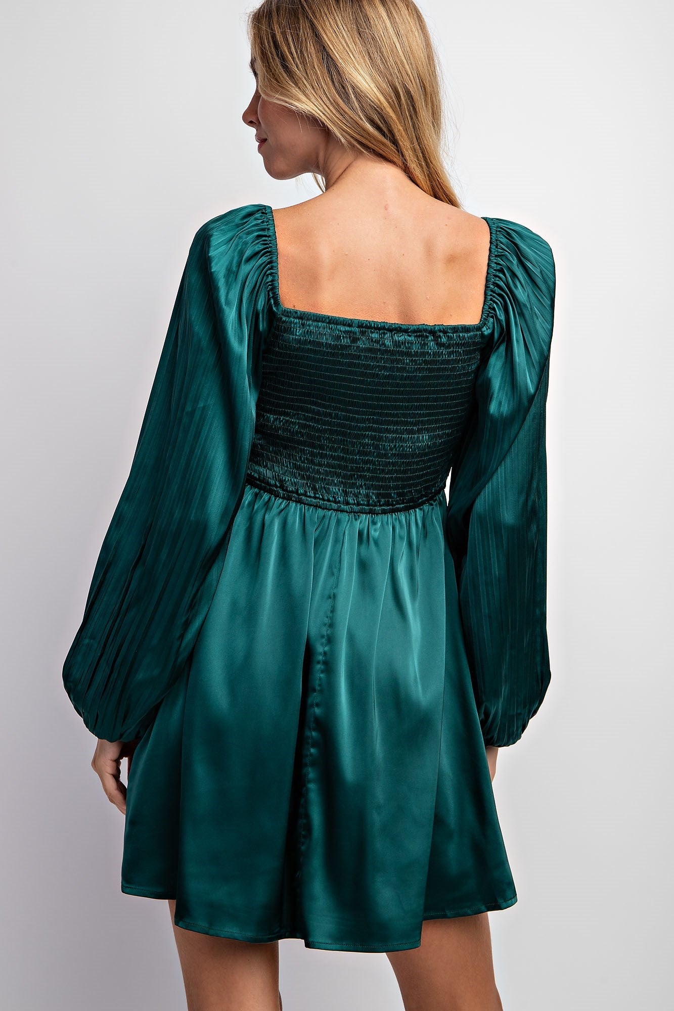 Hunter Green Pleated Bubble Sleeve Satin Mini Dress PinkBlush Hunter Green Pleated Bubble Sleeve Satin Mini Dress PinkBlush