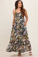 Black Floral Smocked Button Accent Maternity Maxi Dress