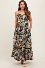 Black Floral Smocked Button Accent Maternity Maxi Dress