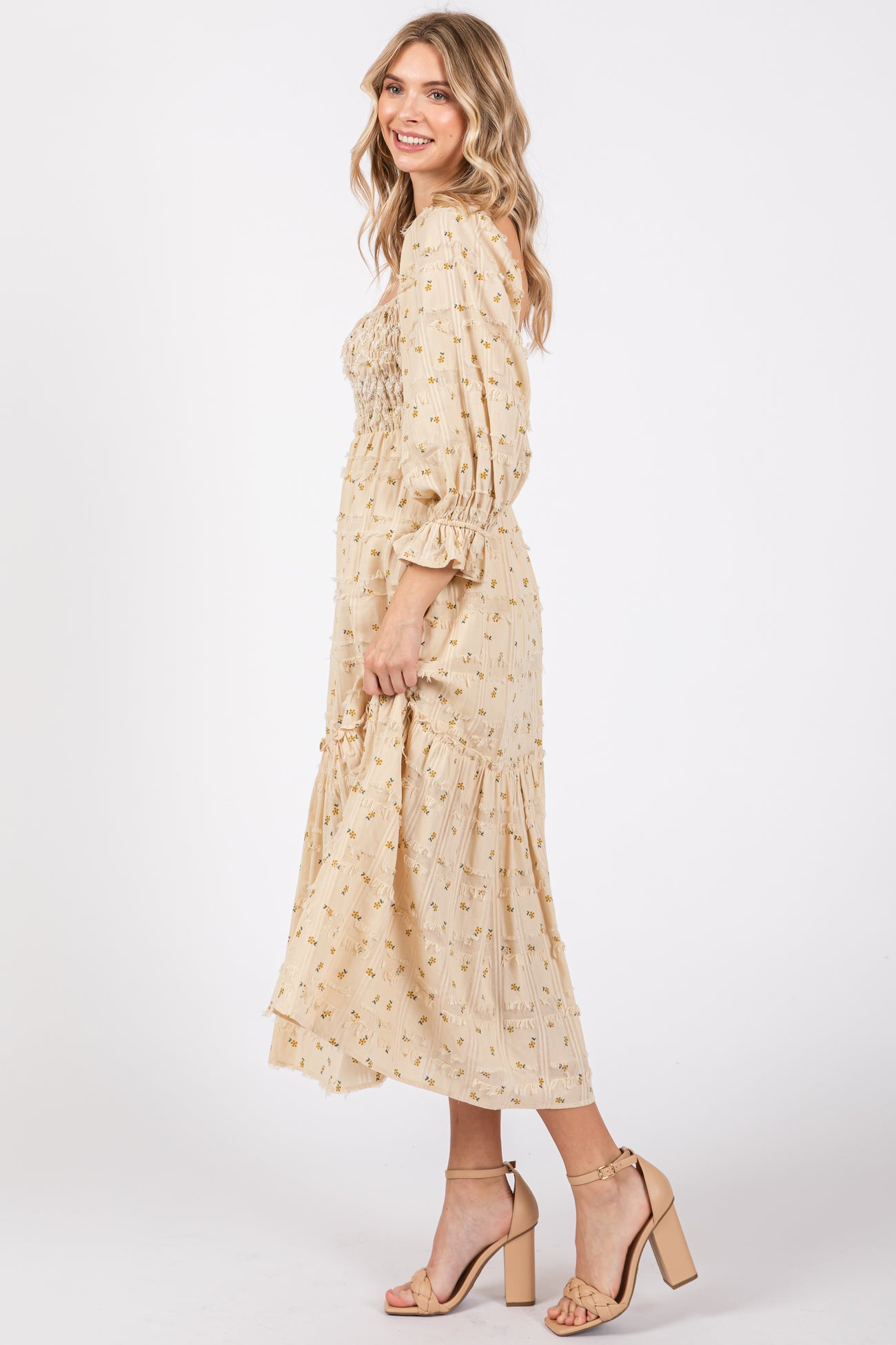 Beige Floral Square Neck Smocked Fringe Midi Dress PinkBlush Beige Floral Square Neck Smocked Fringe Midi Dress PinkBlush