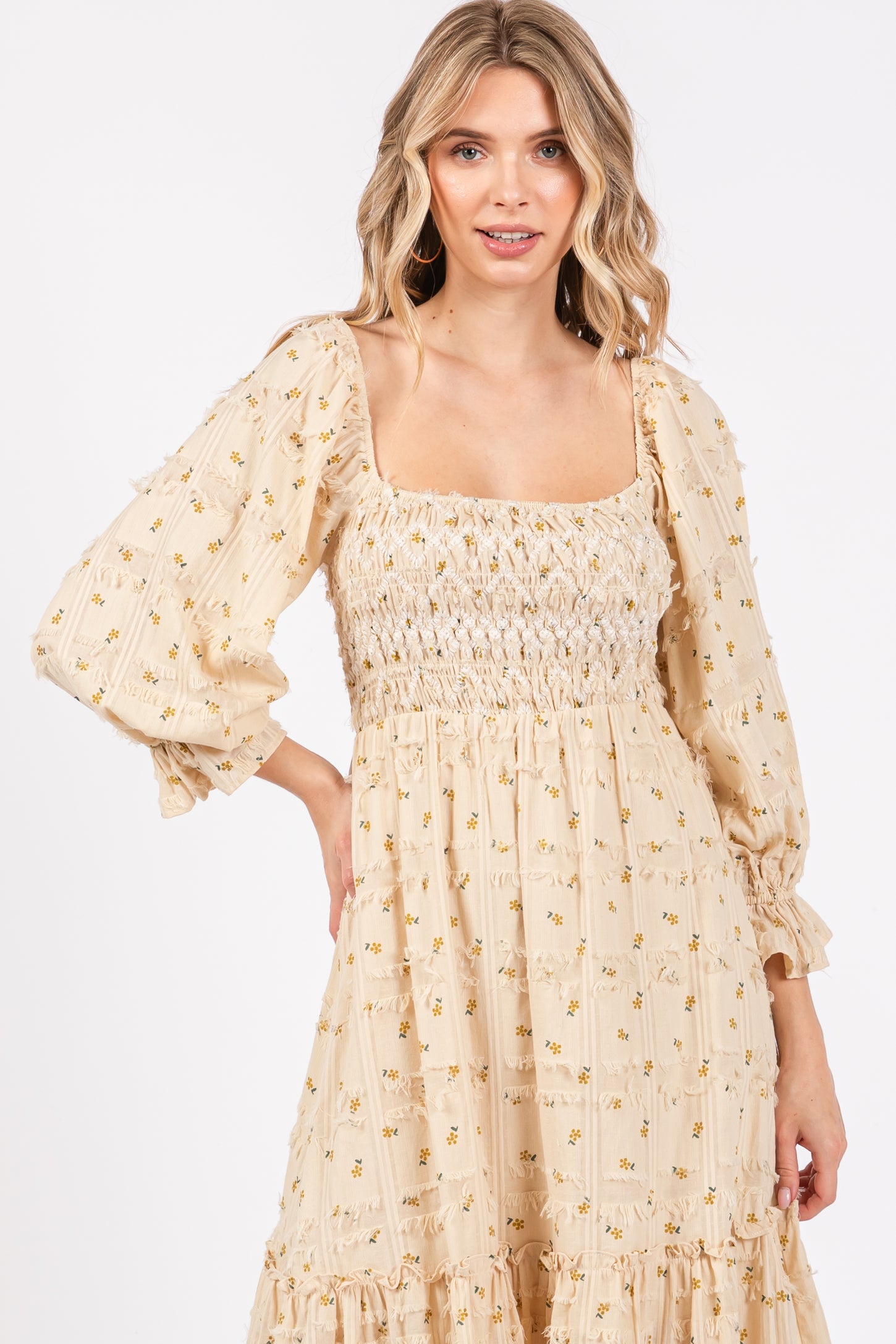 Beige Floral Square Neck Smocked Fringe Midi Dress PinkBlush Beige Floral Square Neck Smocked Fringe Midi Dress PinkBlush