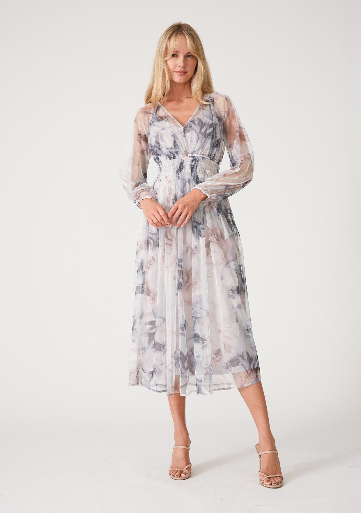 Grey Floral Mesh Smocked Midi Dress Grey Floral Mesh Smocked Midi Dress