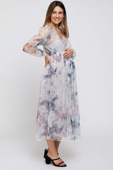 Grey Floral Mesh Smocked Maternity Midi Dress