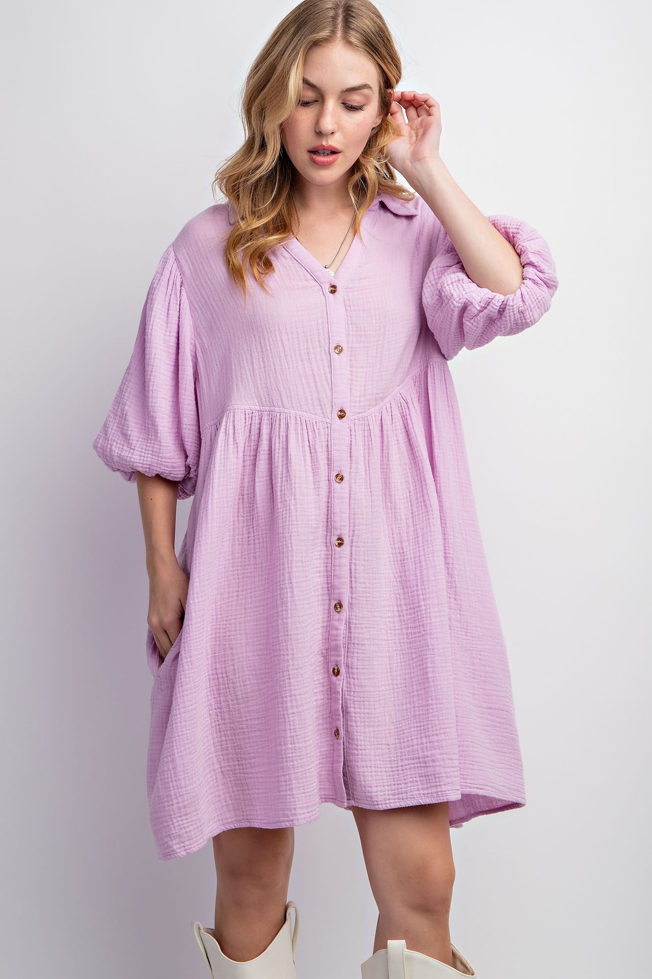 Lavender Button Down Bubble Sleeve Collared Dress – PinkBlush