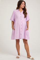 Lavender Button Down Bubble Sleeve Collared Maternity Dress