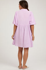 Lavender Button Down Bubble Sleeve Collared Maternity Dress