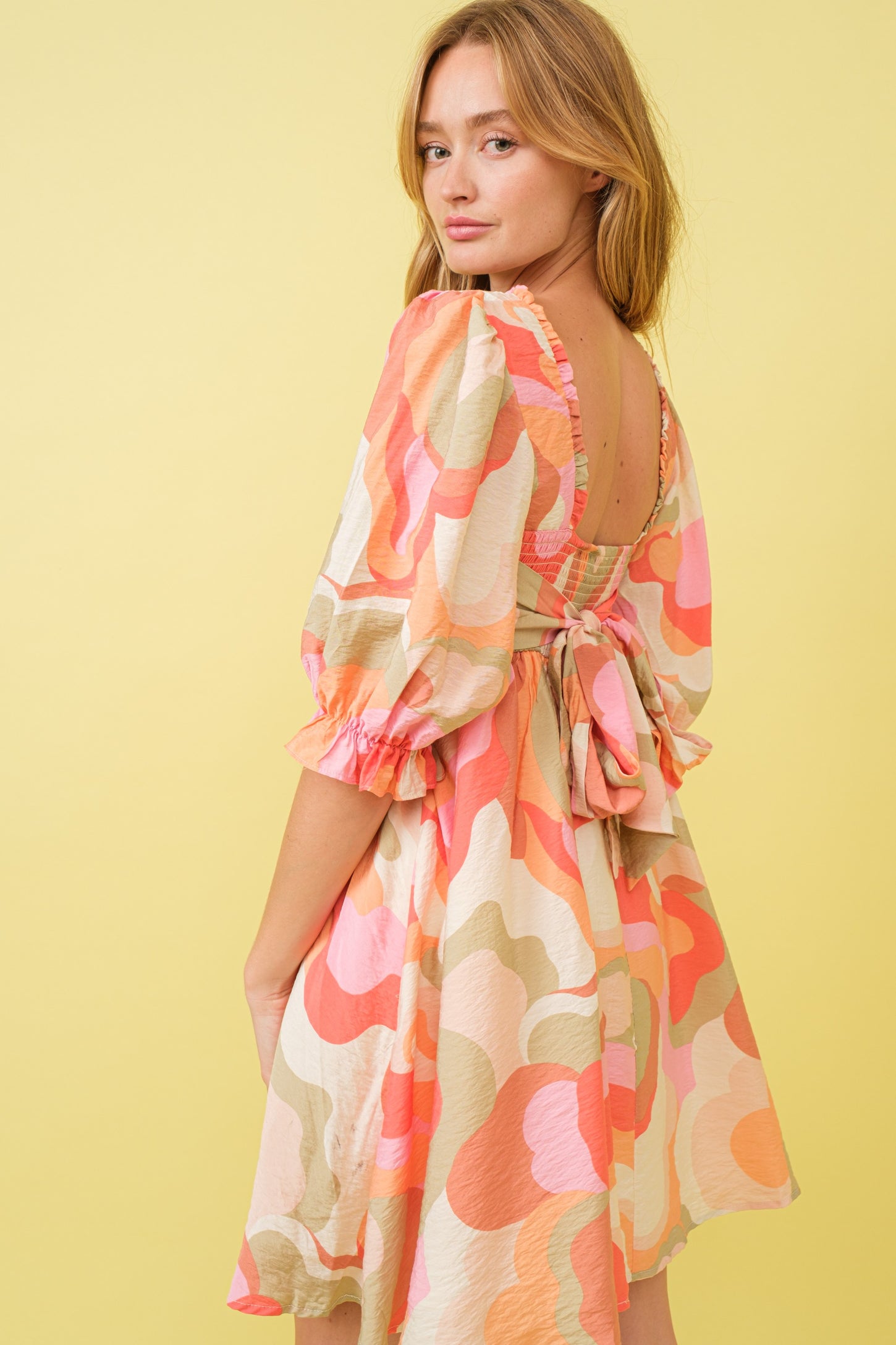 Pink Print Puff Sleeve Mini Dress