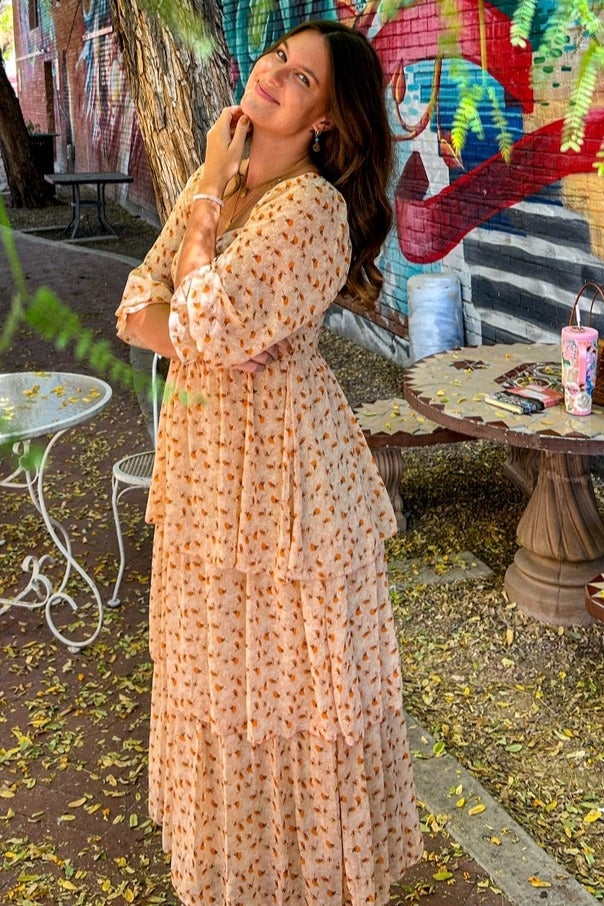 Dusty Apricot Tiered Midi Dress