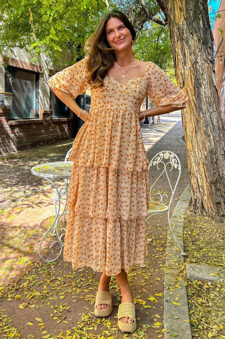 Dusty Apricot Tiered Midi Dress PinkBlush Dusty Apricot Tiered Midi Dress PinkBlush