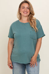 Teal Mineral Wash Front Pocket Short Sleeve Maternity Plus T-Shirt