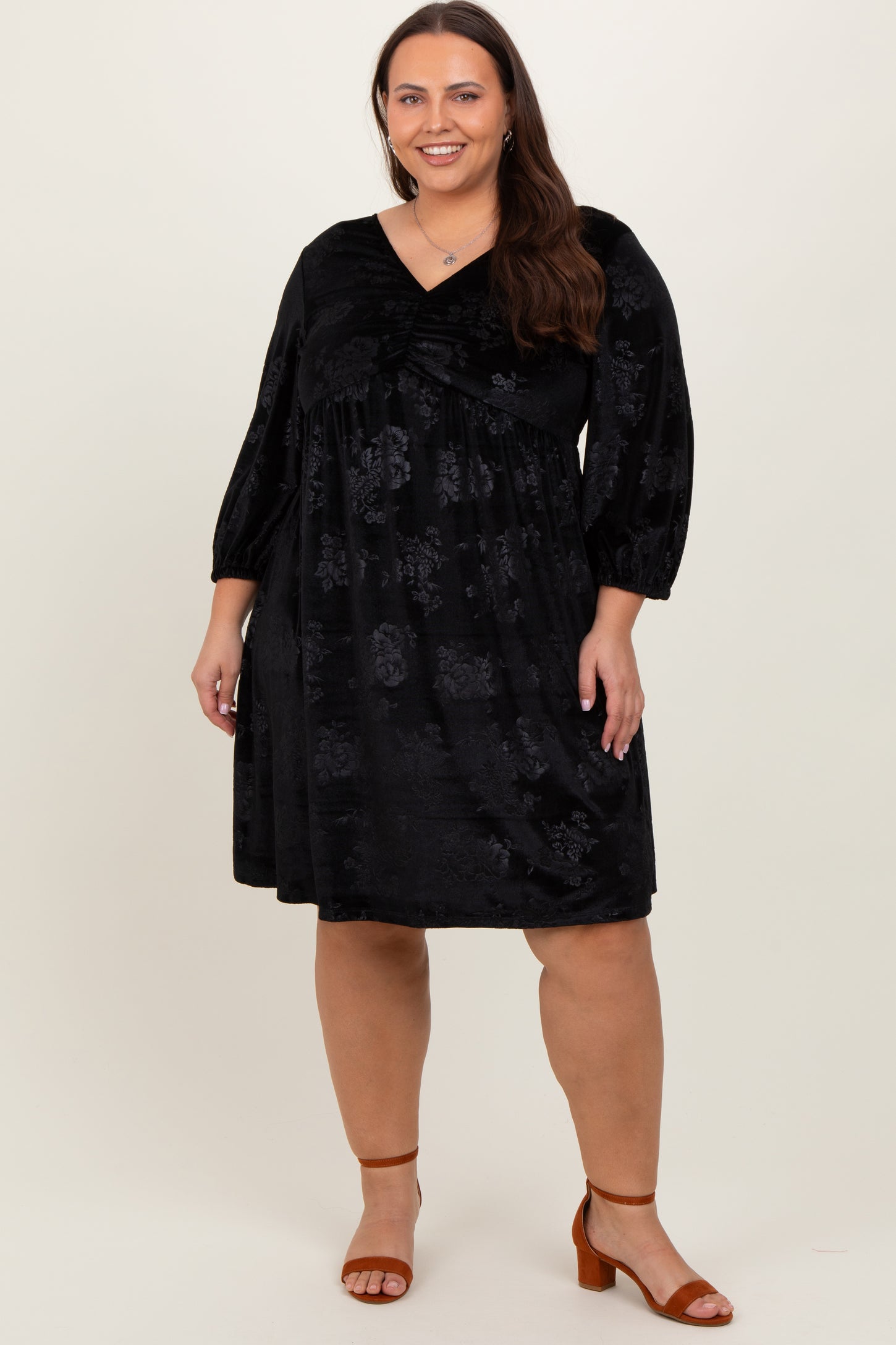 Black Velvet Floral Ruched Neck Plus Dress Black Velvet Floral Ruched Neck Plus Dress
