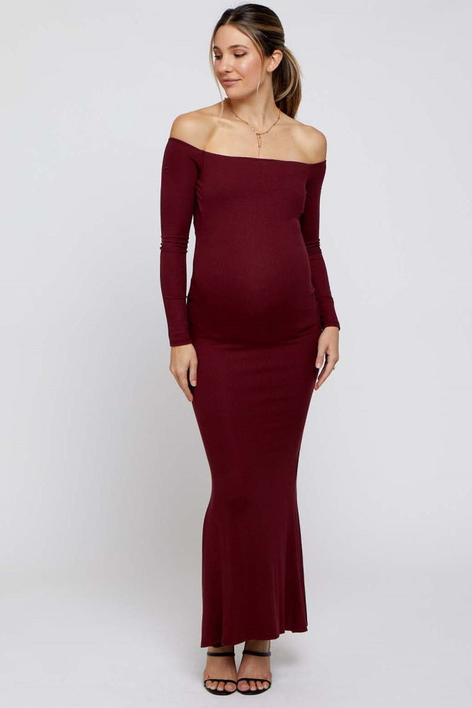 burgundy off shoulder maternity dress Burgundy Ribbed Off Shoulder Long Sleeve Maternity Maxi Dress