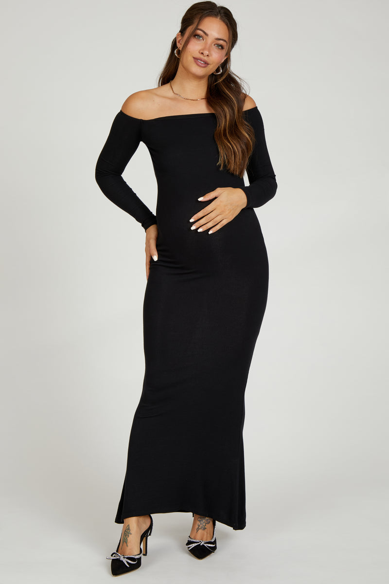 Black Off Shoulder Foldover Ruched Maternity Maxi Dress main image 0