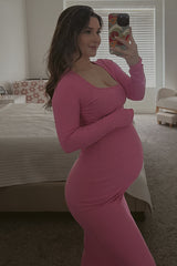 Pink Ribbed Long Sleeve Square Neck Maternity Maxi Dress