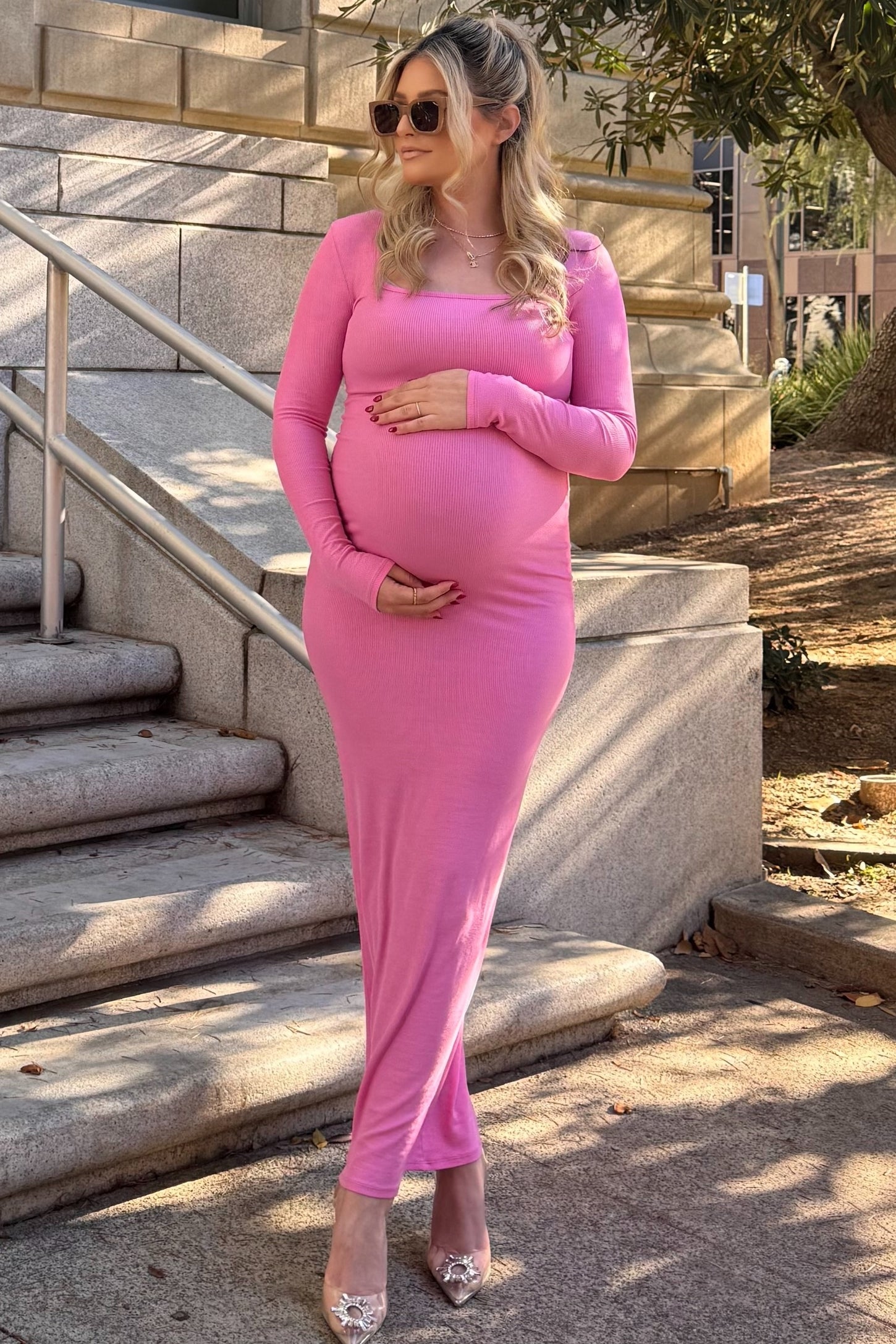 PinkBlush Pink Ribbed Long Sleeve Square Neck Maternity Maxi Dress Large PinkBlush Pink Ribbed Long Sleeve Square Neck Maternity Maxi Dress Large