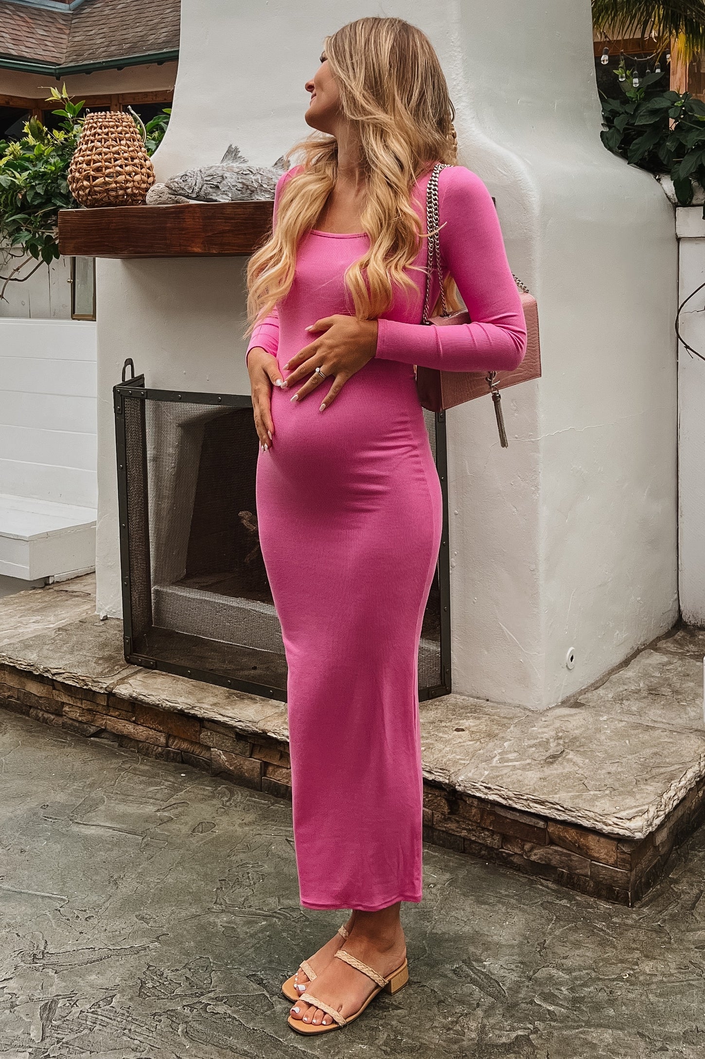 Pinkblush Pink Ribbed Long Sleeve Square Neck Maternity Maxi Dress Large Pinkblush Pink Ribbed Long Sleeve Square Neck Maternity Maxi Dress Large