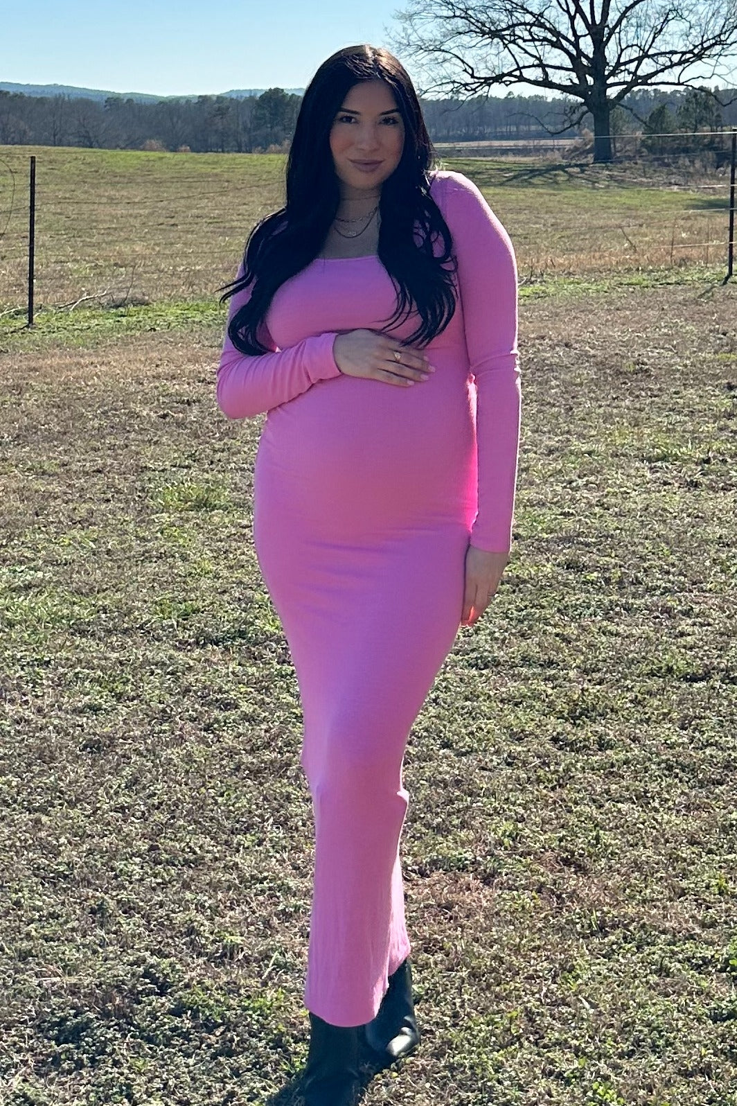 Pink Ribbed Long Sleeve Square Neck Maternity Maxi Dress