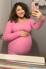 Pink Ribbed Long Sleeve Square Neck Maternity Maxi Dress