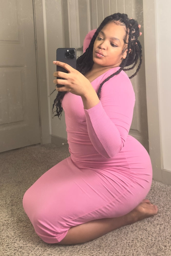 Pink Ribbed Long Sleeve Square Neck Maxi Dress