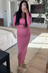 Pink Ribbed Long Sleeve Square Neck Maternity Maxi Dress