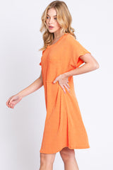 Orange Ribbed Front Pocket Dolman Short Sleeve Dress