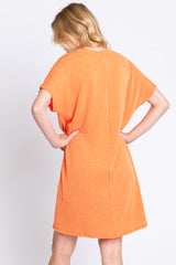 Orange Ribbed Front Pocket Dolman Short Sleeve Dress