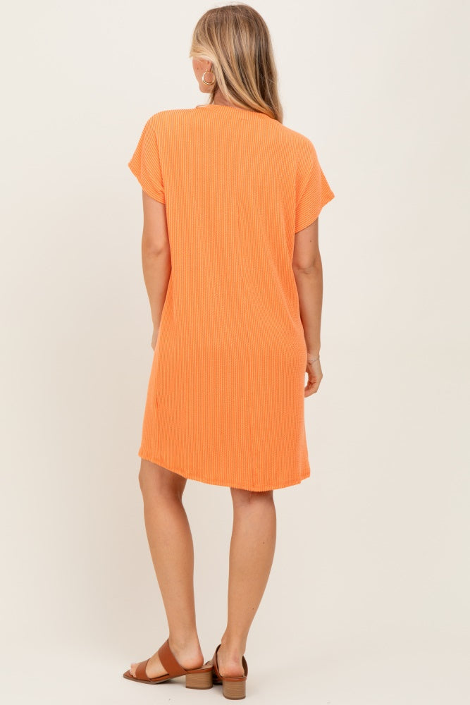 Orange Ribbed Front Pocket Dolman Short Sleeve Dress