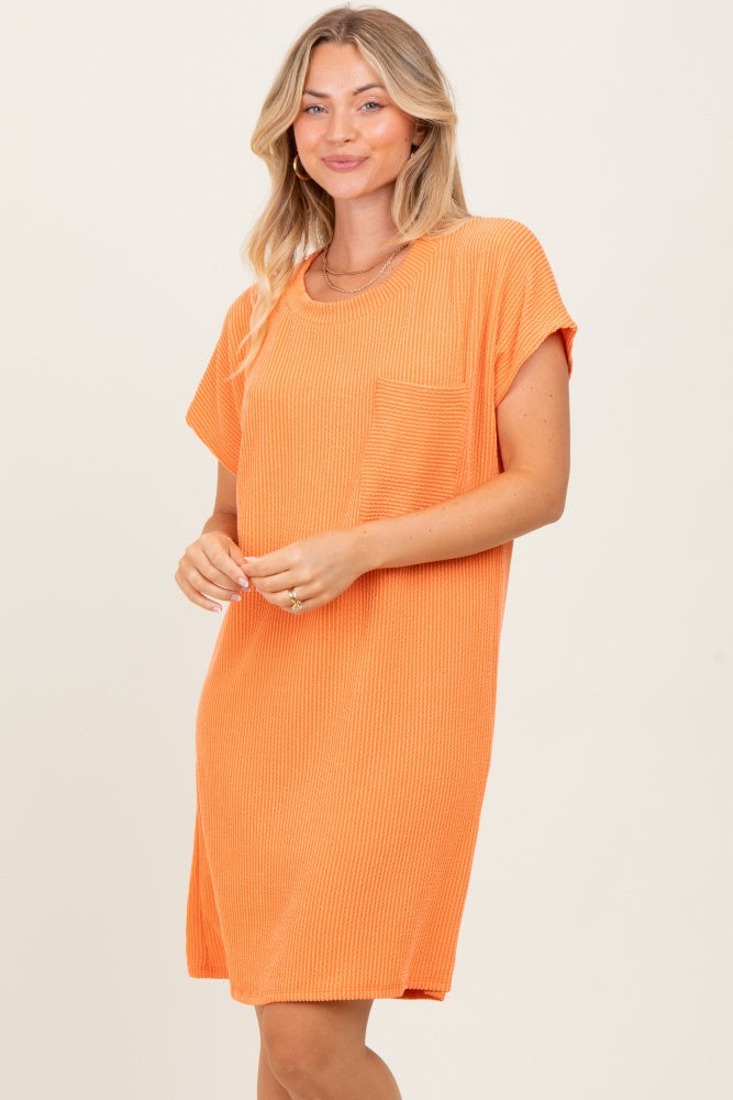 Orange Ribbed Front Pocket Dolman Short Sleeve Dress