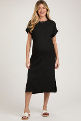 Black Ribbed Short Sleeve Maternity Midi Dress