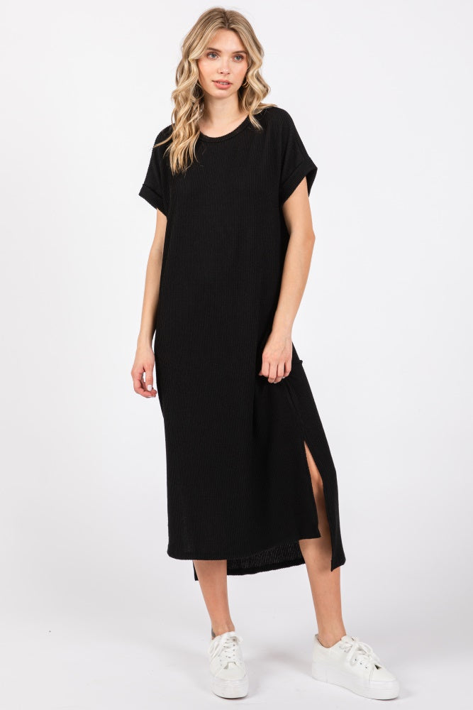 Black Ribbed Short Sleeve Midi Dress – PinkBlush
