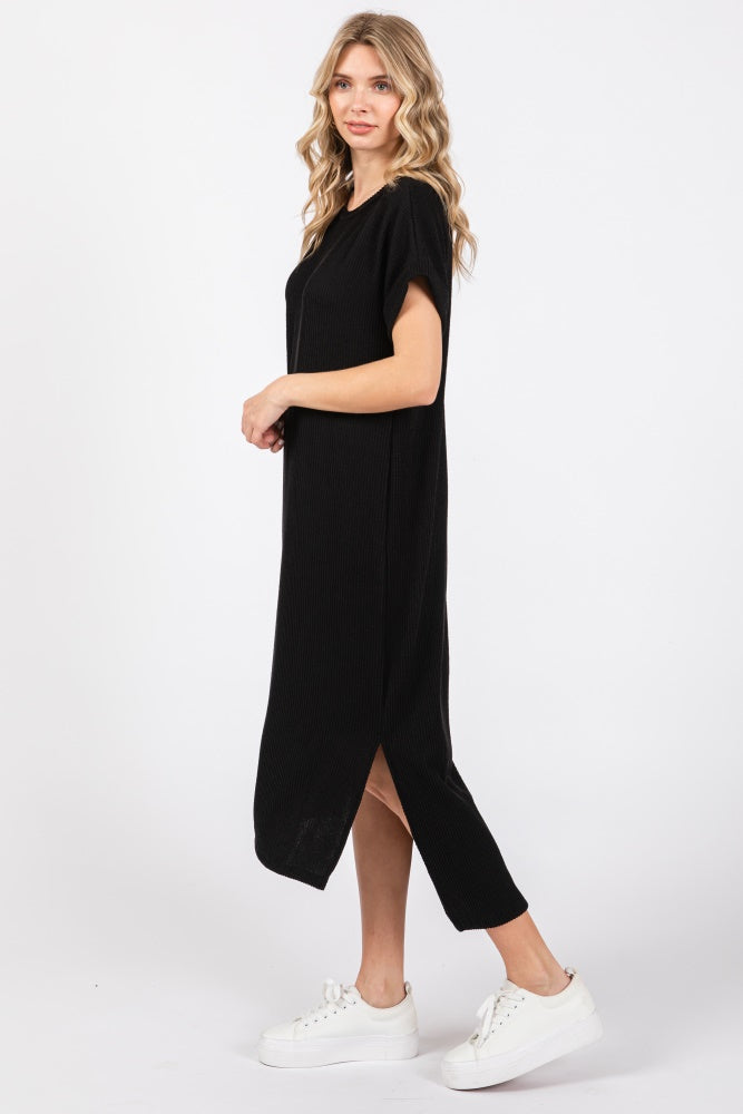 Black Ribbed Short Sleeve Midi Dress Black Ribbed Short Sleeve Midi Dress