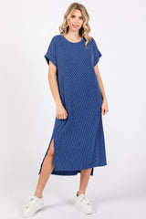 Blue Ribbed Short Sleeve Maternity Midi Dress