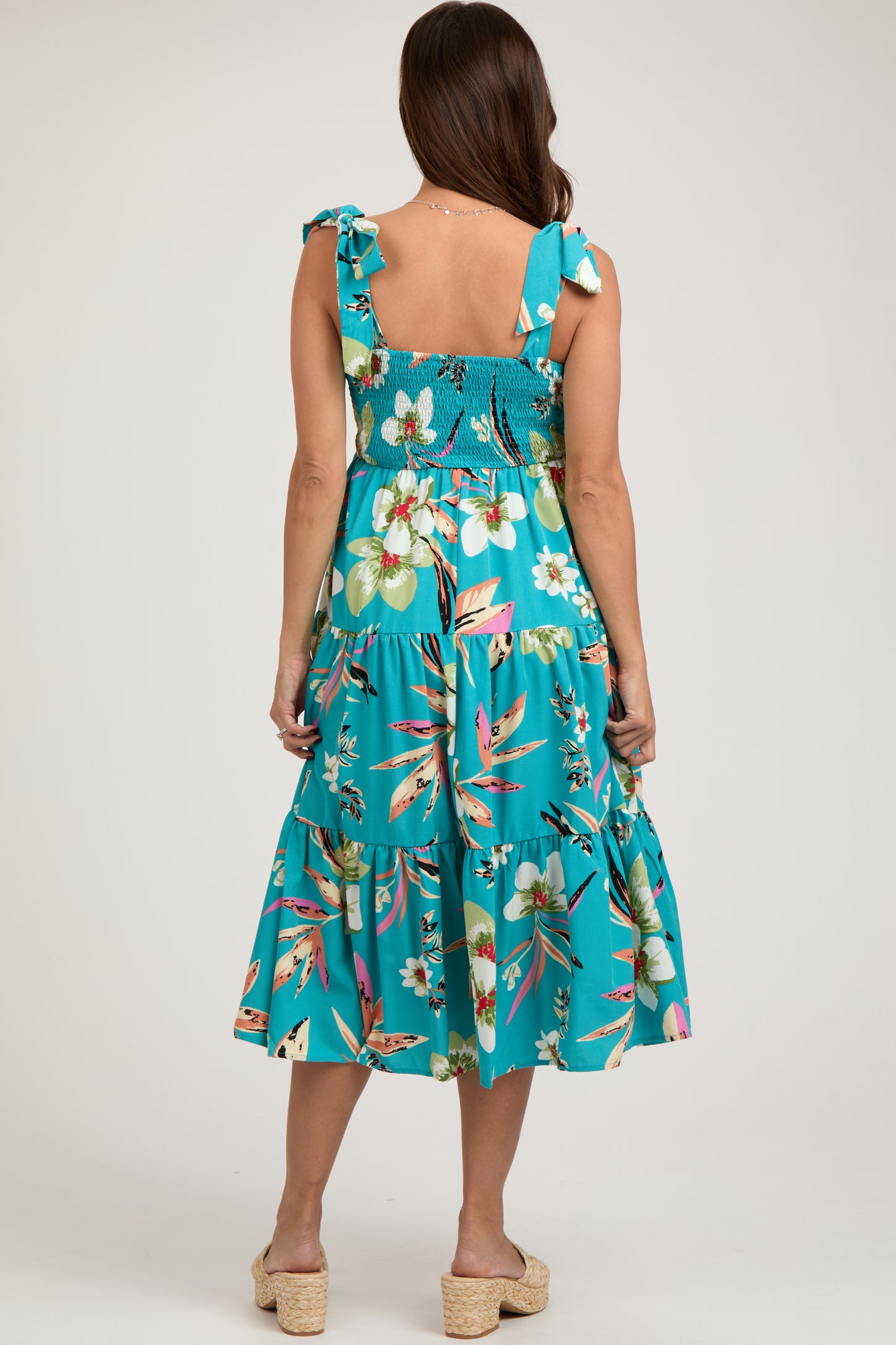 Turquoise Sleeveless Floral Tiered Maternity Midi Dress