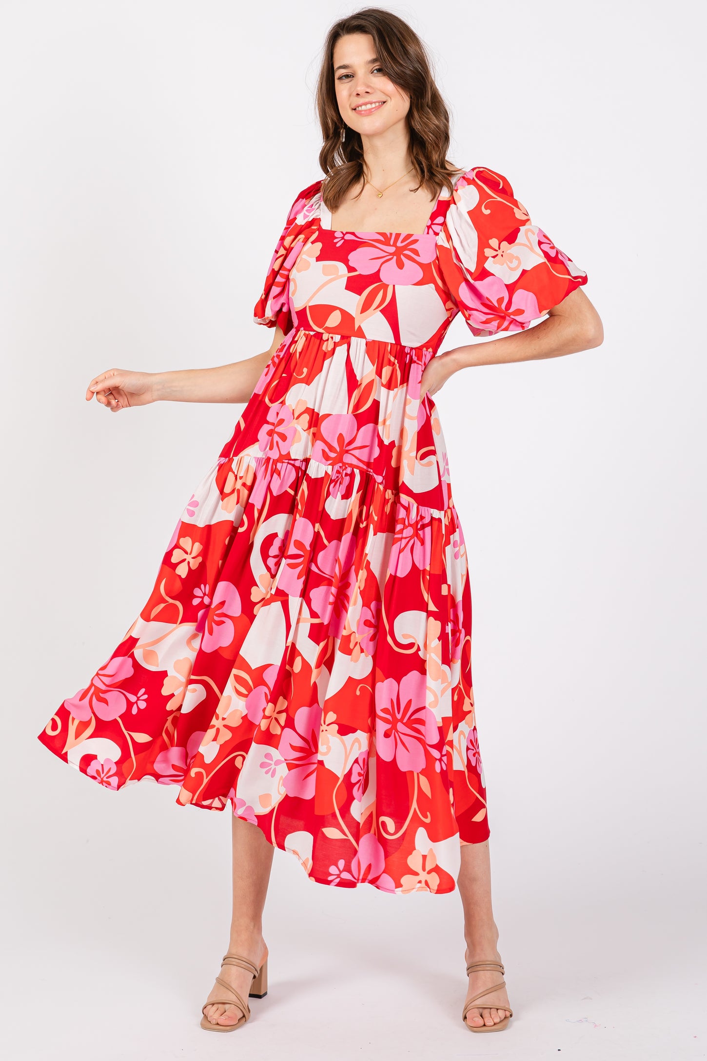 Red Floral Tiered Puff Sleeve Maternity Midi Dress