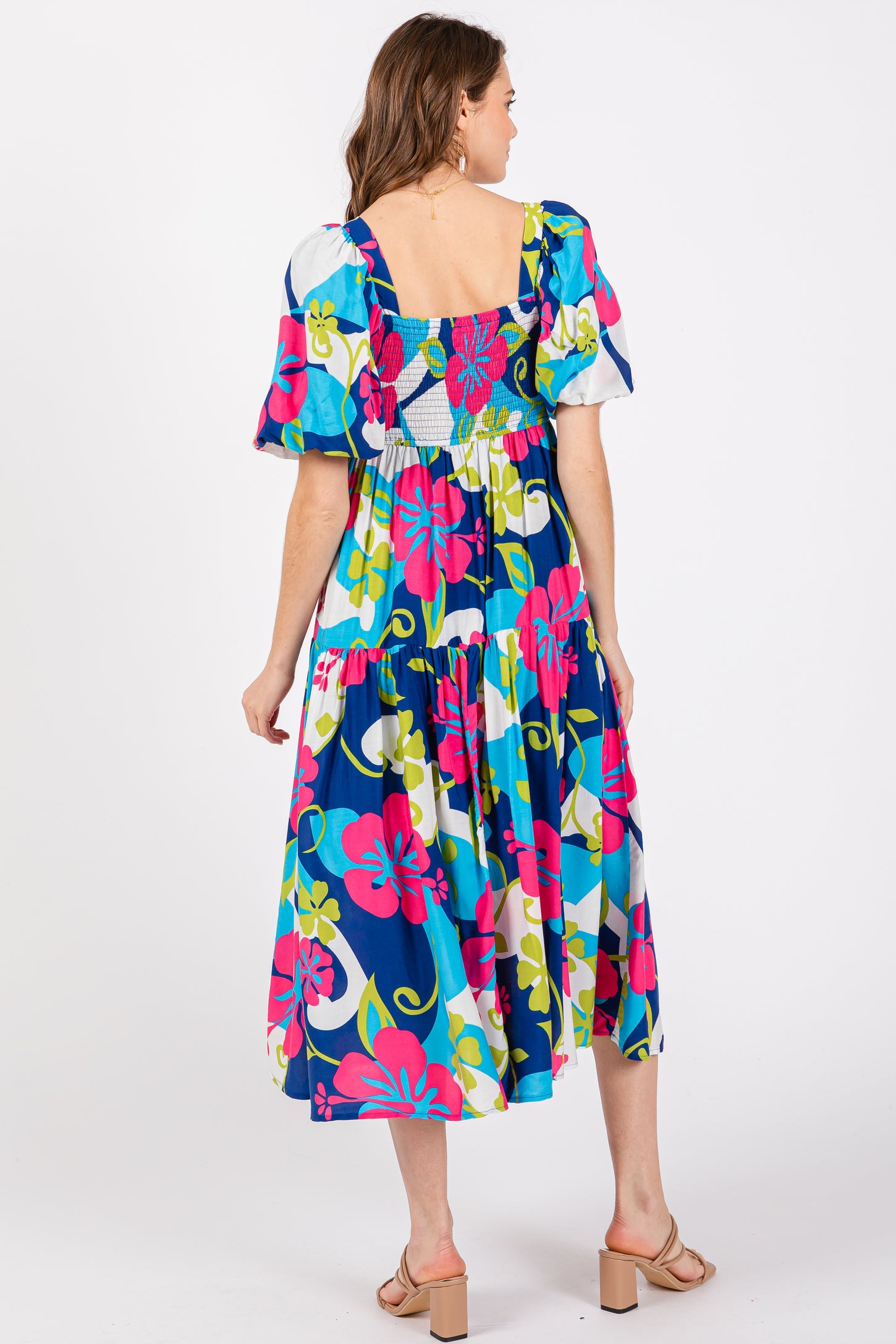 Royal Floral Tiered Puff Sleeve Midi Dress