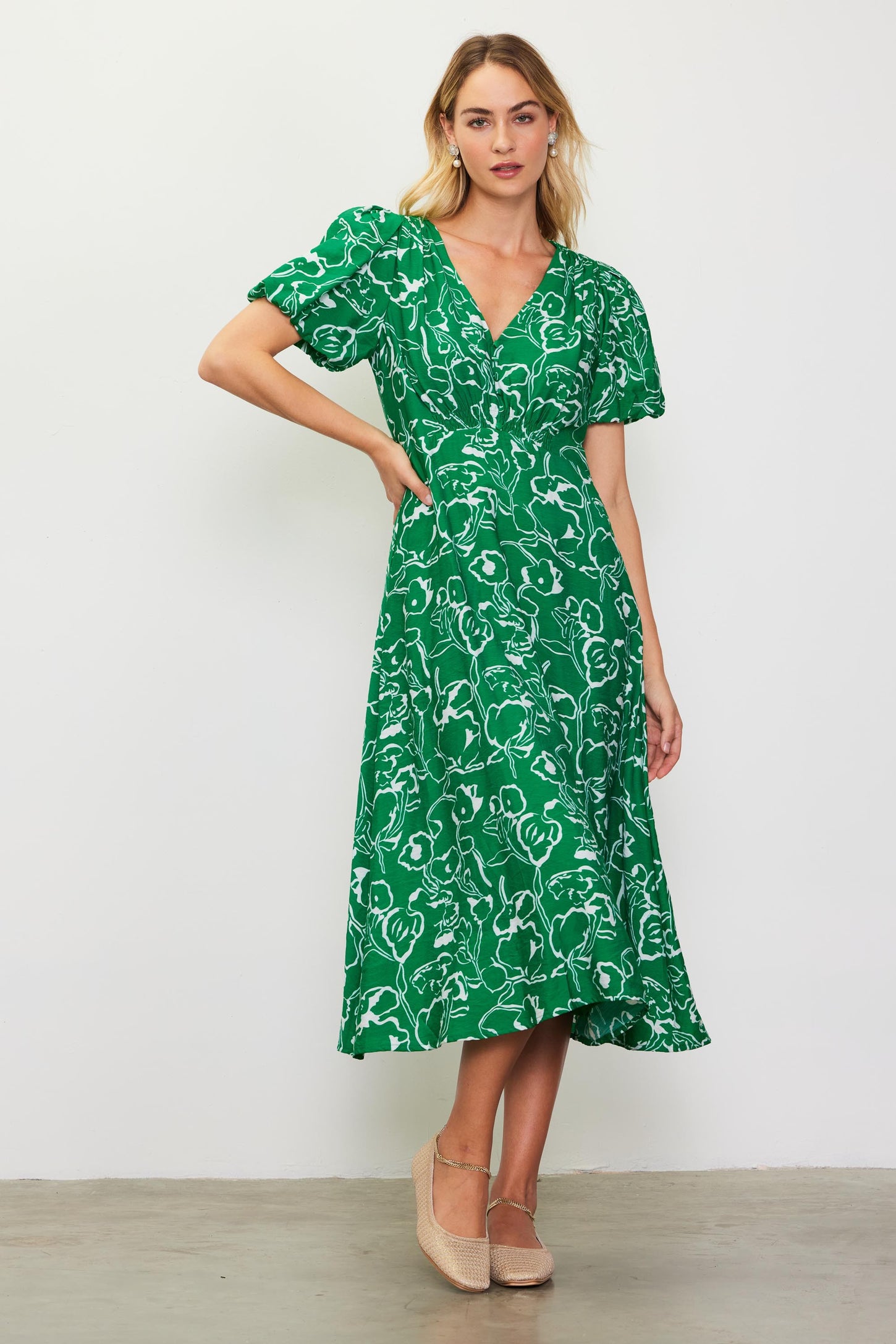 Green Floral Button Front Short Sleeve Midi Dress PinkBlush Green Floral Button Front Short Sleeve Midi Dress PinkBlush