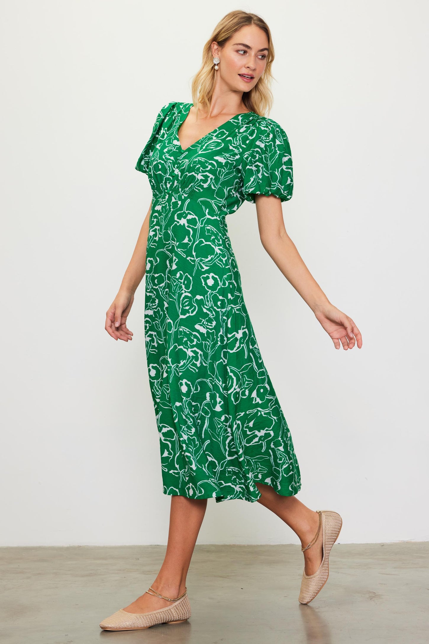 Green Floral Button Front Short Sleeve Midi Dress PinkBlush Green Floral Button Front Short Sleeve Midi Dress PinkBlush