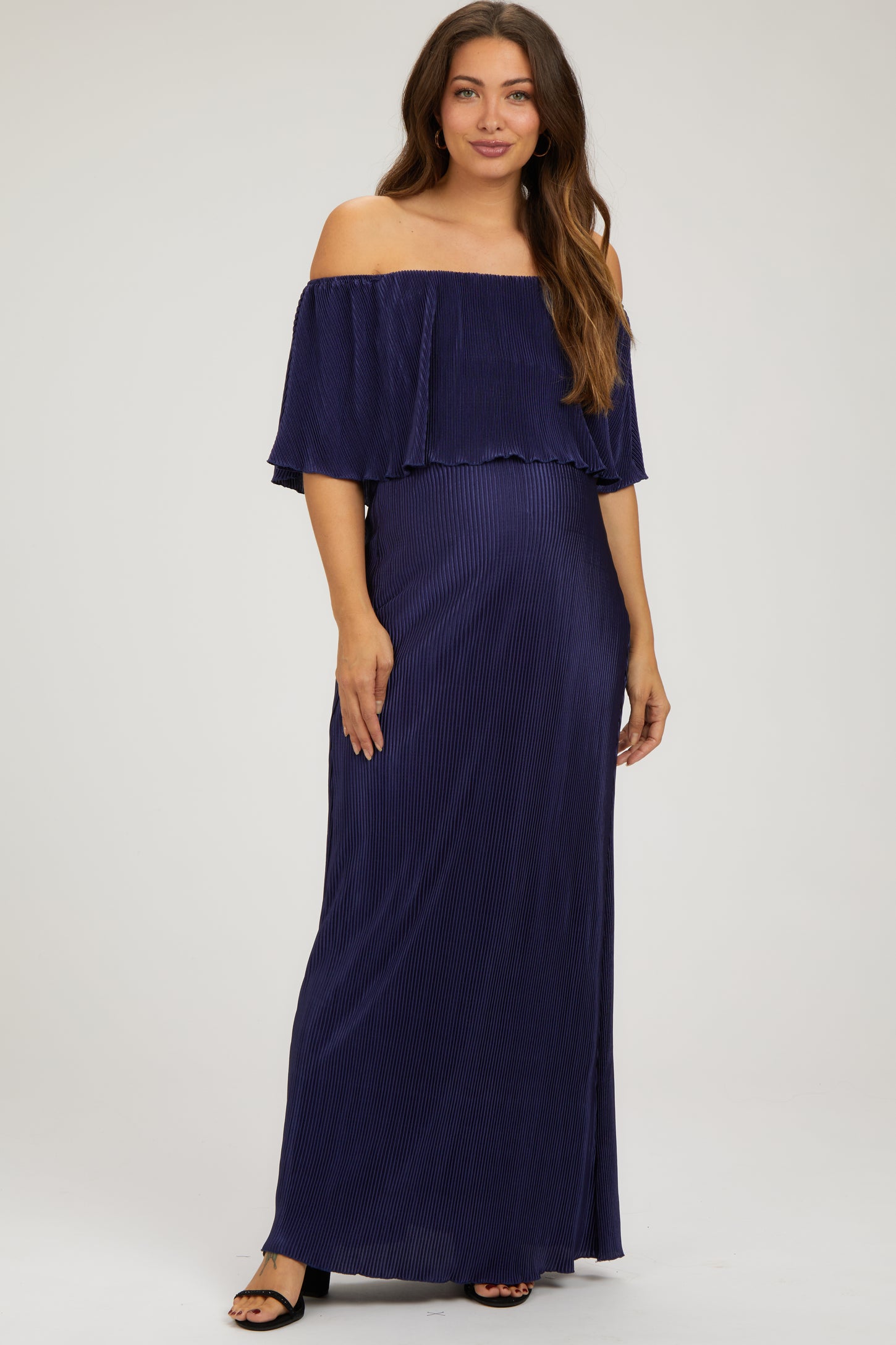 Navy Pleated Ruffle Off Shoulder Maternity Maxi Dress Navy Pleated Ruffle Off Shoulder Maternity Maxi Dress