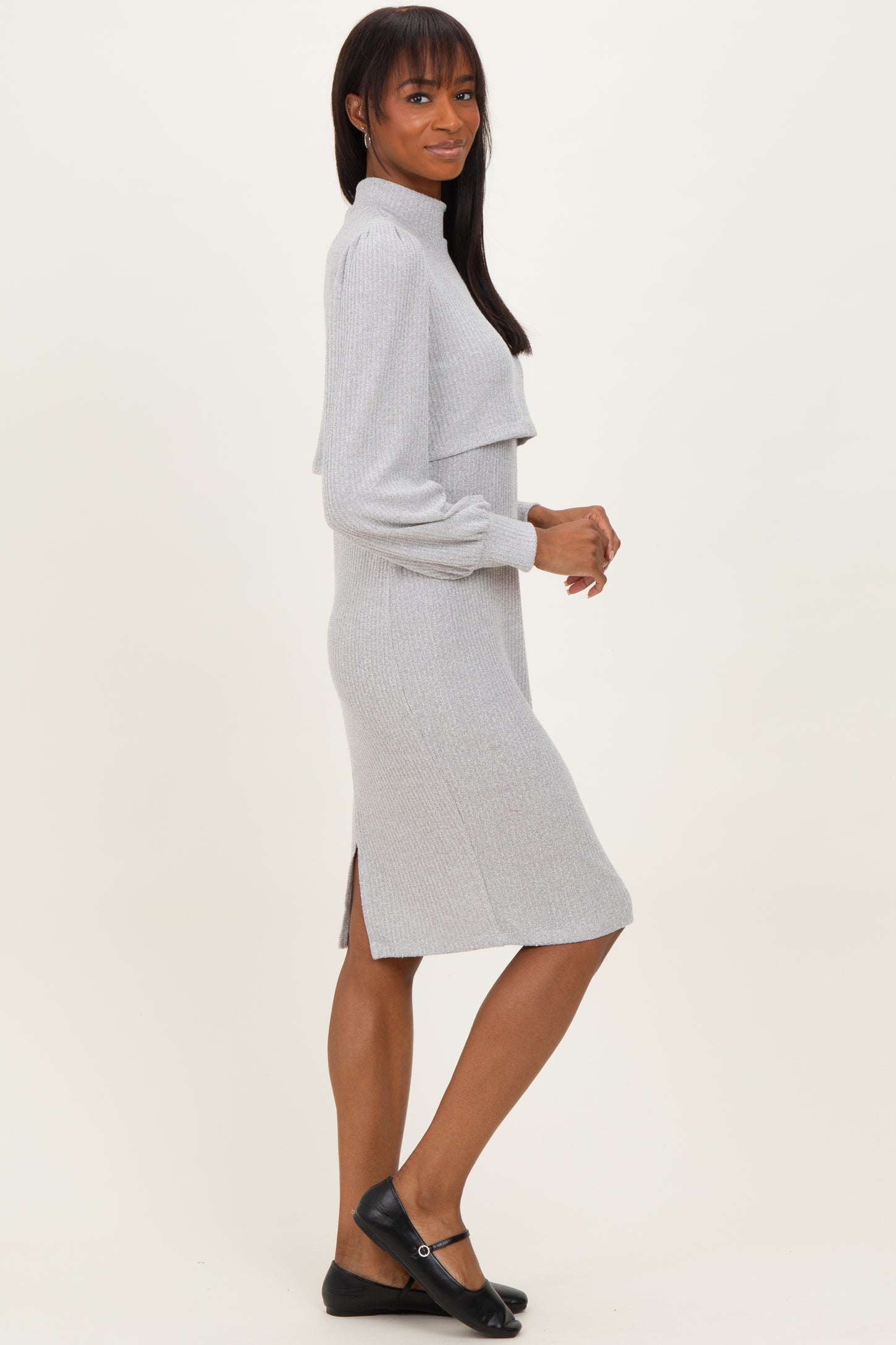 Heather Grey Rib Knit Mock Neck Nursing Dress