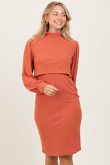 Rust Rib Knit Mock Neck Nursing Dress