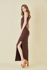 Brown Asymmetrical Neck Side Slit Maxi Dress