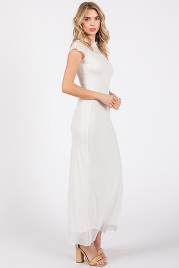 Ivory Mock Neck Sleeveless Mesh Midi Dress