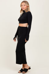 Black Mock Neck Long Sleeve Crop Midi Skirt Set