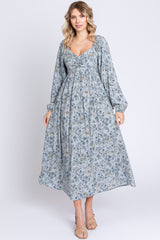 Light Blue Floral Paisley Long Sleeve Maternity Midi Dress