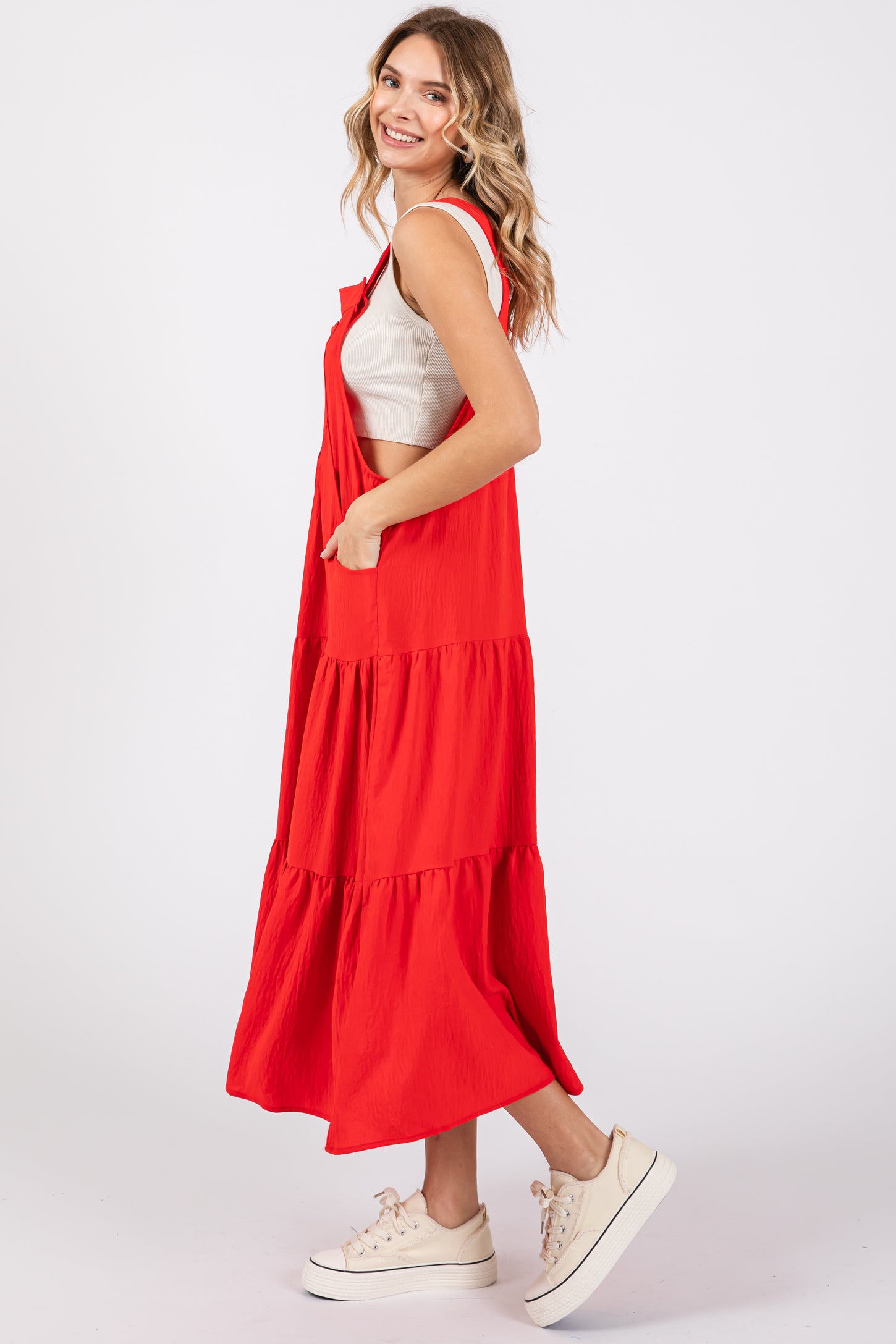 Red Button Sling Tiered Midi Dress