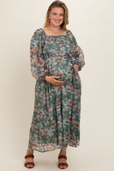 Light Olive Floral Long Sleeve Maternity Plus Maxi Dress