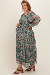 Light Olive Floral Long Sleeve Maternity Plus Maxi Dress
